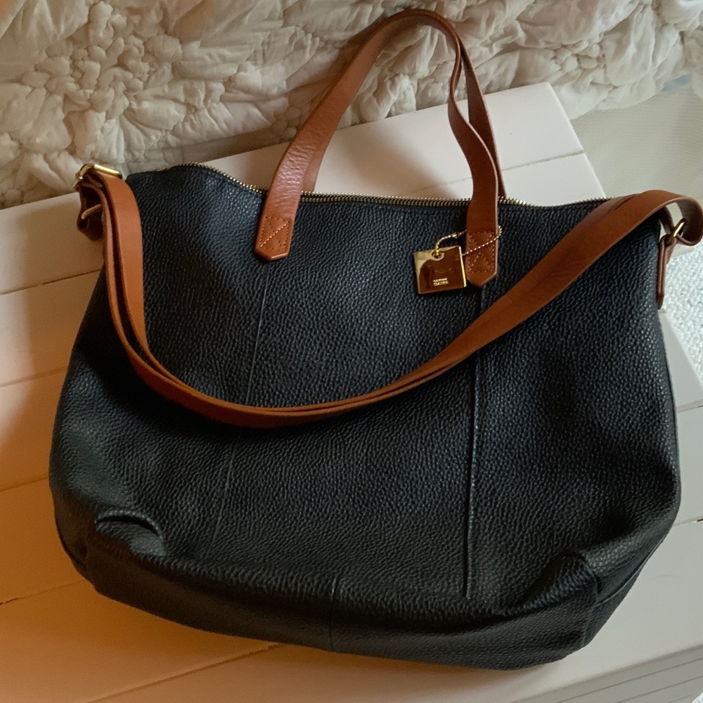 Elegant Black and Brown Genuine Pebbled Leather Tote Bag